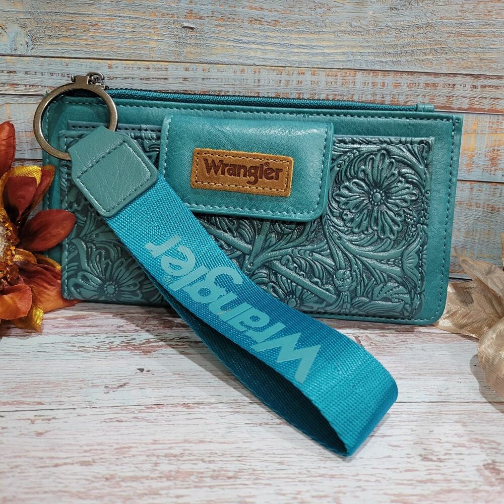 Wrangler Womens Wristlet Wallet Floral Tooled RFID Blocking Leather Wallet